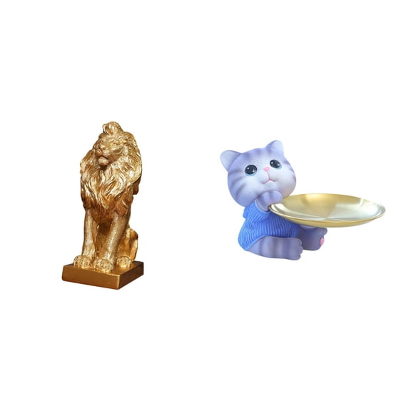 2 Pieces Lion Figurine Bear Statue Cat Tray Resin Organizer Modern Art Ornament for Entryway Office Home