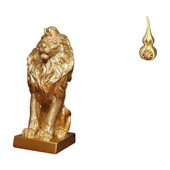 2 Pieces Lion Figurine Brass Gourd Ornament Resin Material Suitable for Bookshelf and Desktop Gift