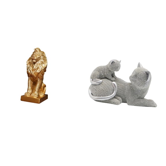 2 Pieces Lion Figurine Cat Statue Decorative Sculpture Resin Material for Office Home Living Room Desk Shelf