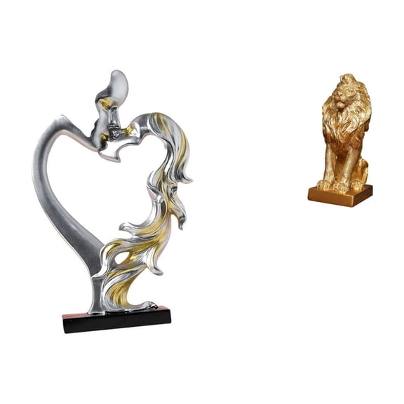 2 Pieces Lion Statue Couple Figurine Wedding Gift Resin Material for Bedroom Office Home Decoration
