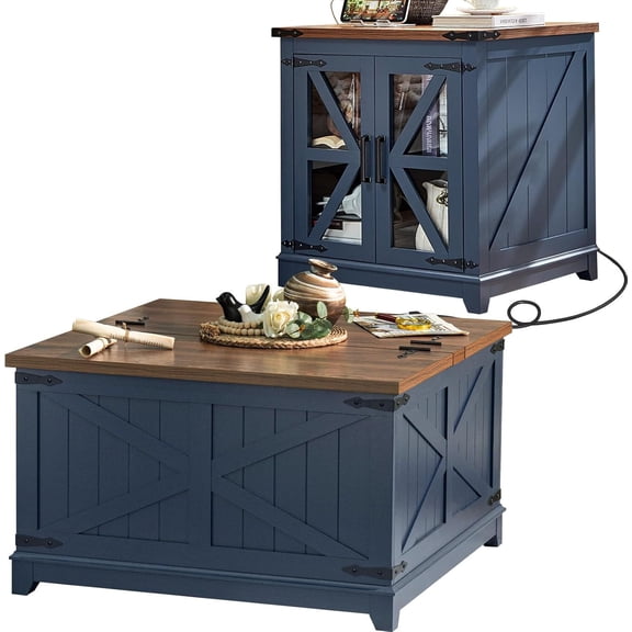 2 Pieces Living Room Coffee Table Set, Retro Coffee Table with 2 Square End Tables, Tea Table Set with Charging Station for Apartment Home Office, Blue