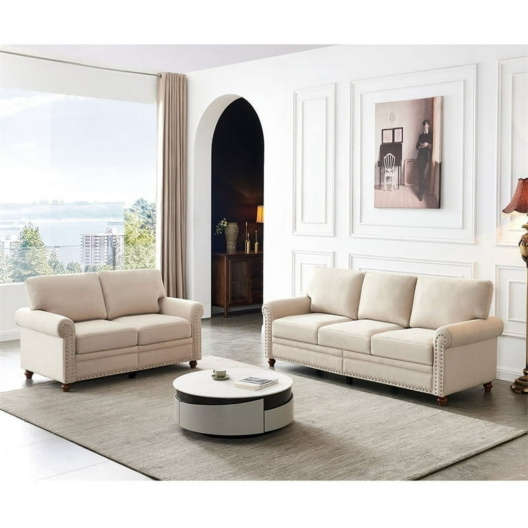 2 Pieces Living Room Sectional Sofa Set Modern Linen Fabric Upholstered Chesterfield Sofa with Loveseat Sofa and Three Seat Sofa for Living Room