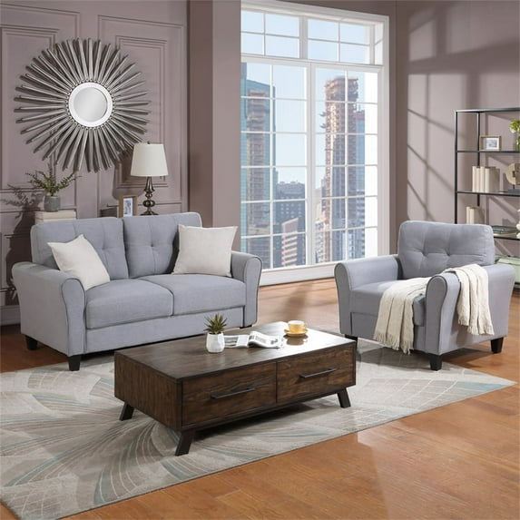 2 Pieces Living Room Sofa Set, Single Sofa Chair and Loveseat Sofa, Modern Linen Fabric Upholstered Couch Furniture Set with Wood Frame for Living Room Apartment Office (1+2 Seat, Light Grey-Blue)