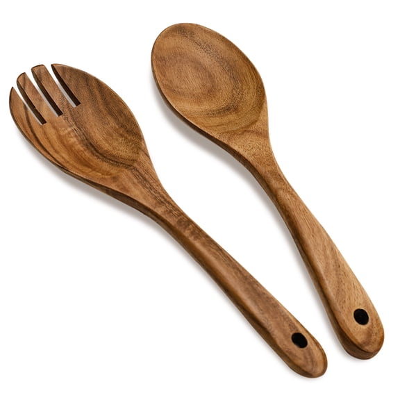 2 Pieces Long Handle Wooden Salad Servers Utensils, Acacia Wooden Serving Spoons & Fork, 10.2''/26 CM Salad Servers Set Tongs for Mixing Tossing Fruit Cooking Kitchen
