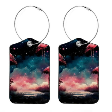 2 Pieces Luggage Tag for Suitcases, Baggage Tags Identifiers for Travel, Stainless Steel Loop Name ID Label for Bag Backpack, Starry Flamingos