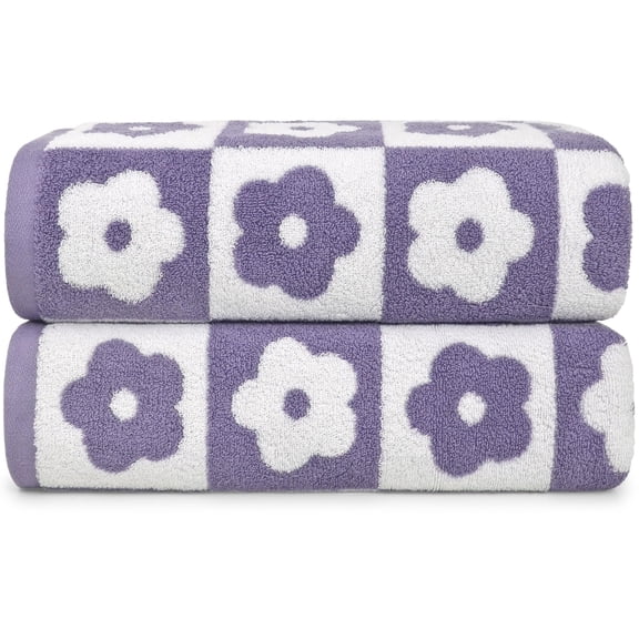 2-Pieces Luxury Bath Towels Checkered Floral, 100% Cotton,Purple/Pink/Green Bath Towels for Women Girls Shower Body 27.5x55 Inches, 420 Gsm, Cute Bathroom Decor, For Wonderful Gift