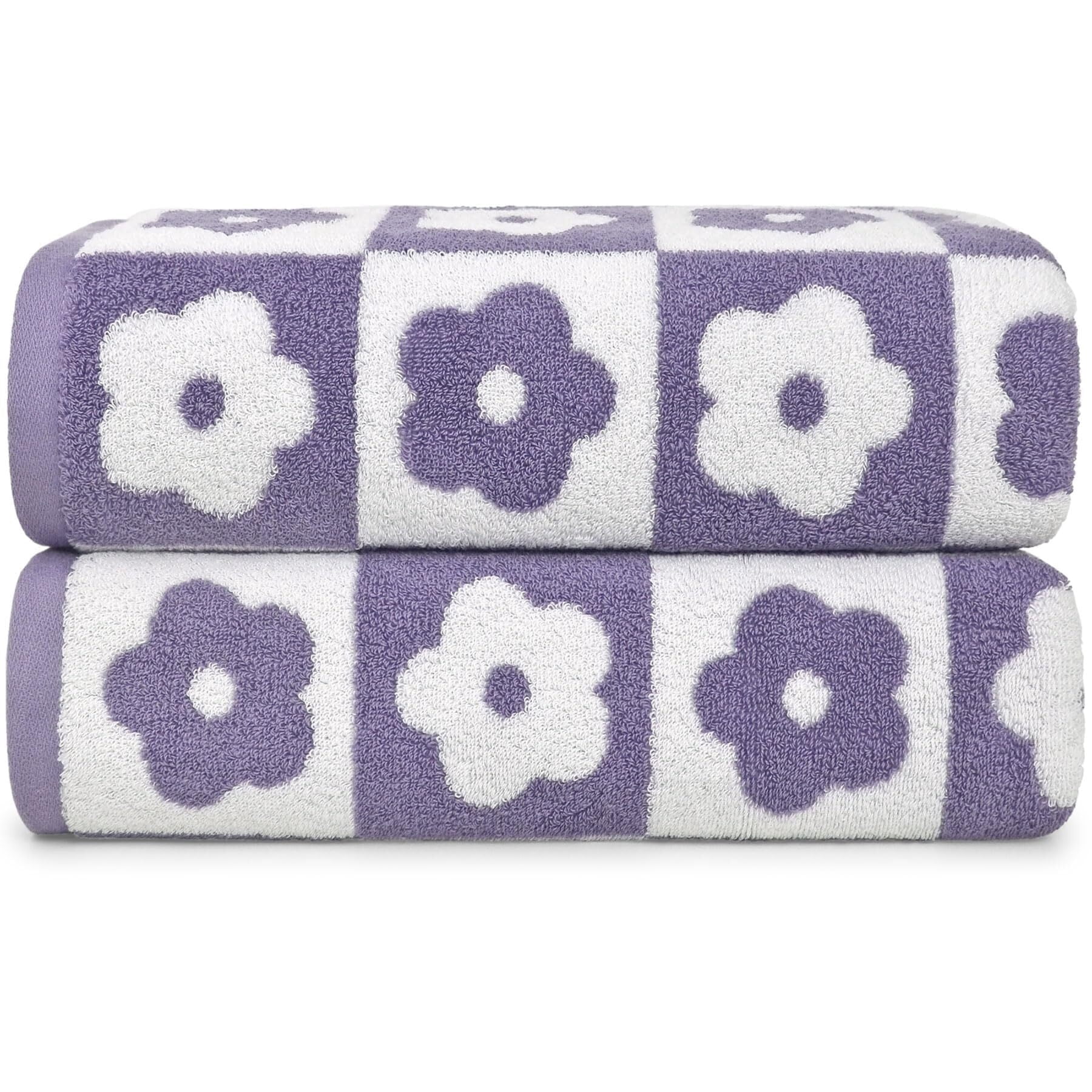2-Pieces Luxury Bath Towels Checkered Floral, Pink Shower Towel for Women Girls 27.5x55 Inches, 100% Cotton Absorbent Body Towels