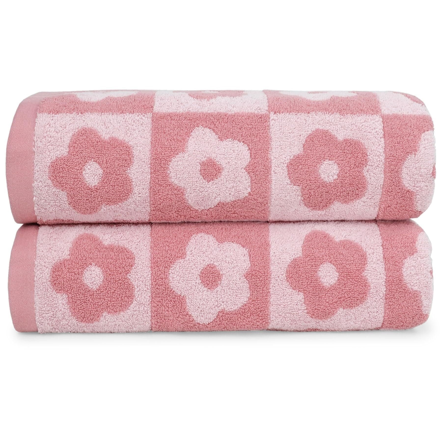 2-Pieces Luxury Bath Towels Checkered Floral, Pink Shower Towel for Women Girls 27.5x55 Inches, 100% Cotton Absorbent Body Towels