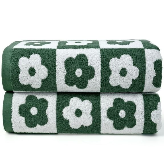 2-Pieces Luxury Bath Towels Checkered Floral, Pink Shower Towel for Women Girls 27.5x55 Inches, 100% Cotton Absorbent Body Towels