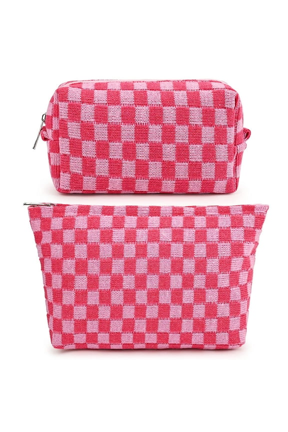 2 Pieces Makeup Bag, Different Sizes, Large Checkered Travel Toiletry Bag, Pink
