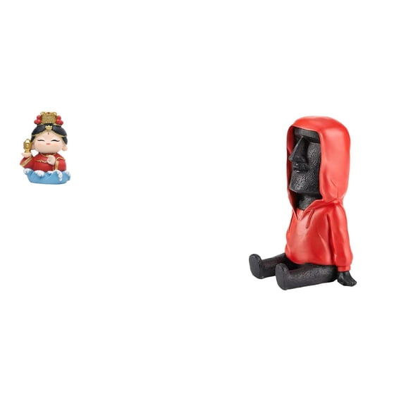 2 Pieces Mazu Mother Statue Easter Island Moai Head Sculpture Resin Material for Fireplace Bedroom Bookshelf Decoration