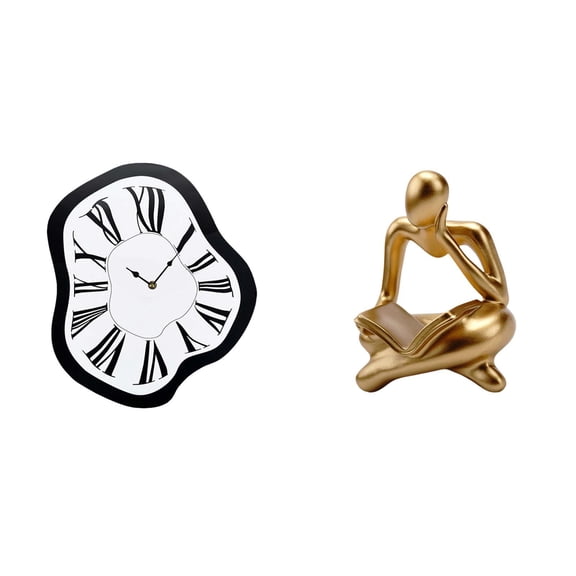 2 Pieces Melting Clock Thinker Statue Decor Set Abstract Acrylic Resin for Home Office Bookshelf Tabletop