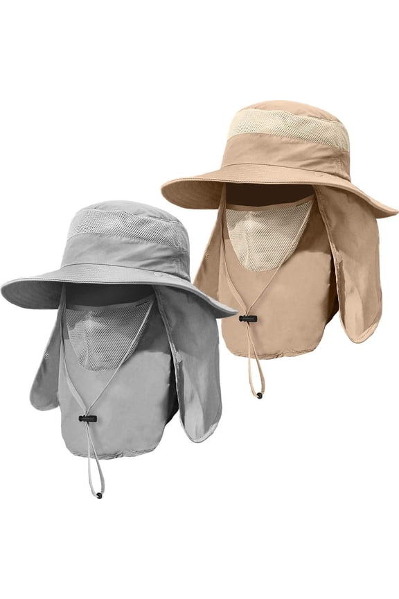 2 Pieces Men's Wide Brim Fishing Hat Outdoor UPF 50+ Sun Protection Removable Face and Neck Flap