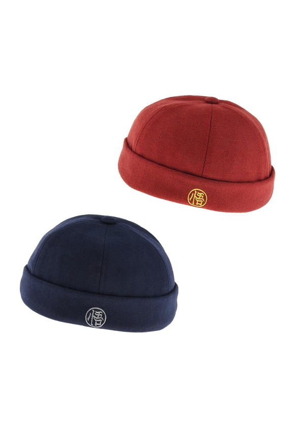 2 Pieces Mens Retro Docker Hat Wool Felt Brimless Beanie Adjustable Navy blue and red