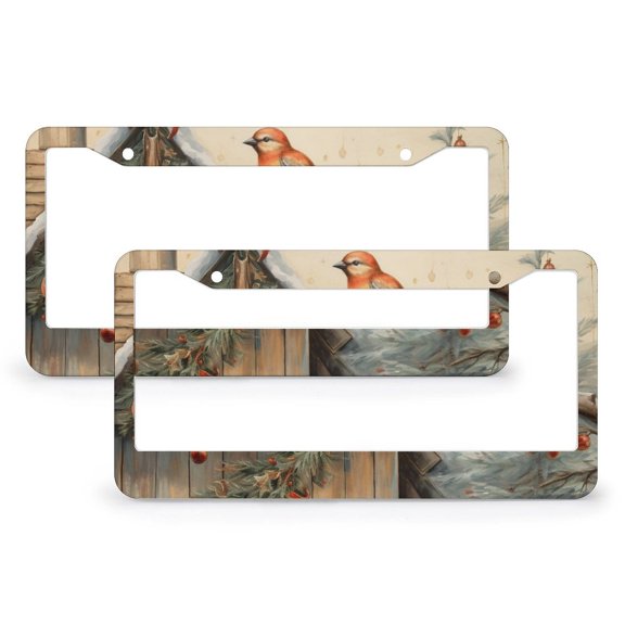 2 Pieces Merry Christmas With Tree And Bird License Plate Frame Watercolor Flower Bird Car Accessories Metal 2 Holes for Men/Women