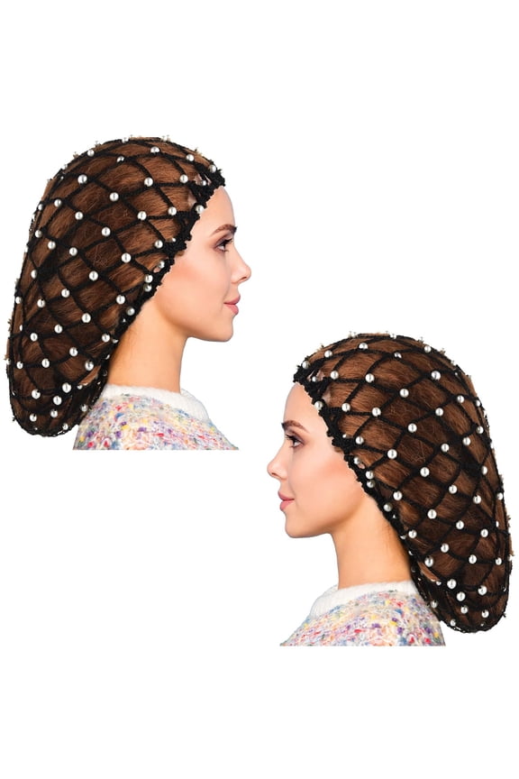 2 Pieces Mesh Crochet Hair Net Rayon Knit Snood with Pearl Crocheted Sleeping Cap Hair Wrap Hair Cover Ornament for Long Short Curls Hair