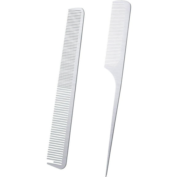 2 Pieces Metal Tail Combs Silver Rat Tail Hair Combs Fine Cutting Comb Teasing Pintail Barber Comb Stainless Steel Hair Styling Cutting Comb (Rat Tail and Fine Cutting Comb)