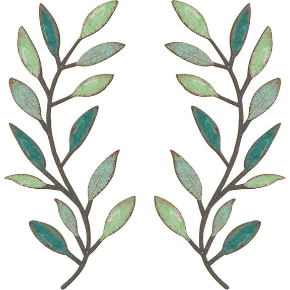 2 Pieces Metal Tree Leaf Wall Decor Vine Olive Branch Leaf Wall Art Living Room, Hallway Wall Decor Outdoor Decoration(Gradient Green)