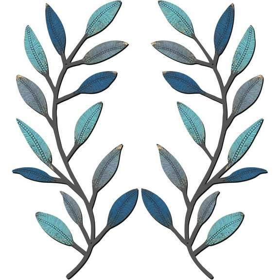 2 Pieces Metal Tree Leaf Wall Decor Vine Olive Branch Leaf Wall Art Living Room, Hallway Wall Decor Outdoor Decoration(Vintage Blue)