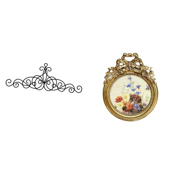2 Pieces Metal Wall Plaque Scroll Decor Picture Frame with Vintage Golden Finish for Patio Porch Fence Decorating