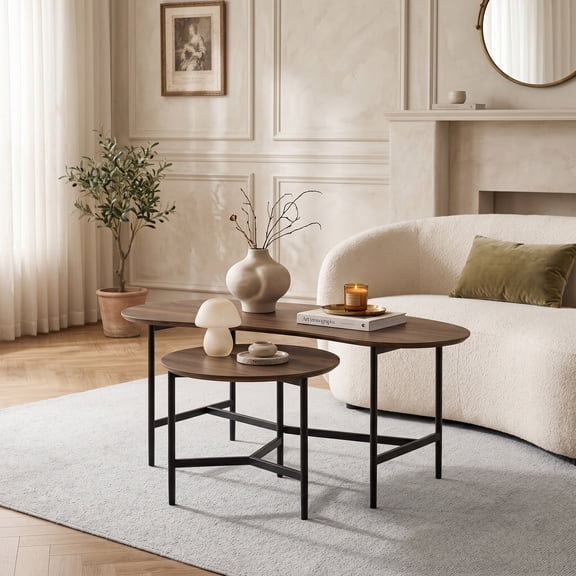 2 Pieces Mid Century Nesting Tables, Kidney Shaped Table & Round Coffee Table for Living Room,Walnut