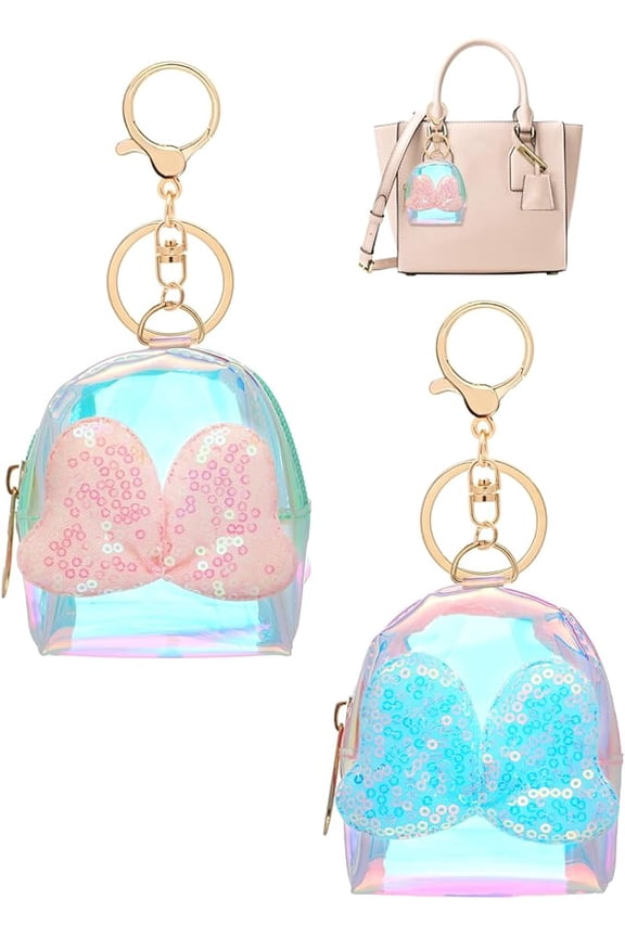 2 Pieces Mini Backpack Keychain Holographic Transparent Cosmetic Bag for Women Keychain