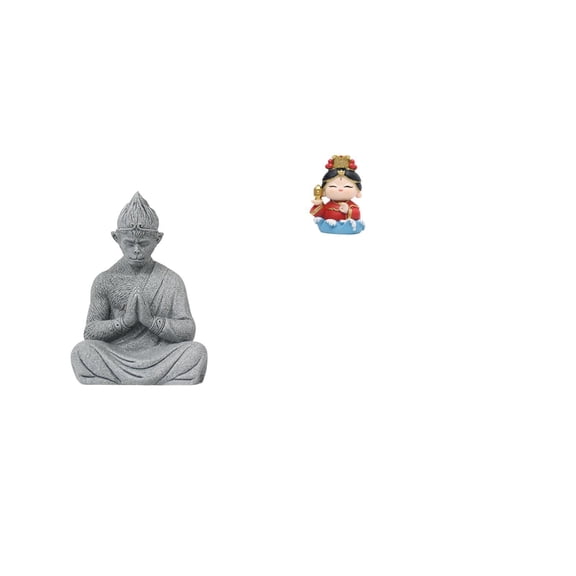 2 Pieces Miniature Figurine Monkey Buddha Statue Sandstone Resin Meditating Ornament for Living Room Garden
