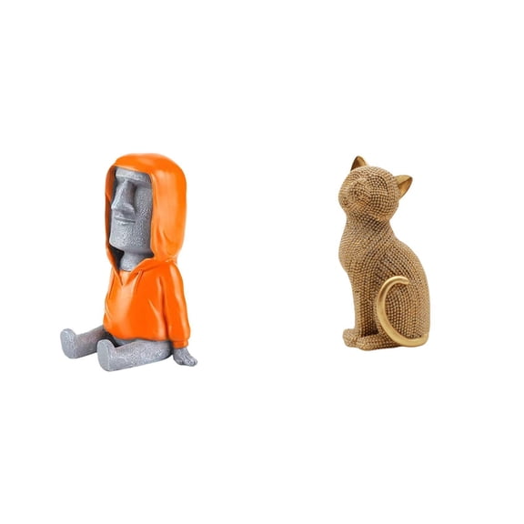 2 Pieces Moai Head Statue Cat Figurine Resin Retro Design for Bookshelf Living Room Bedroom Display