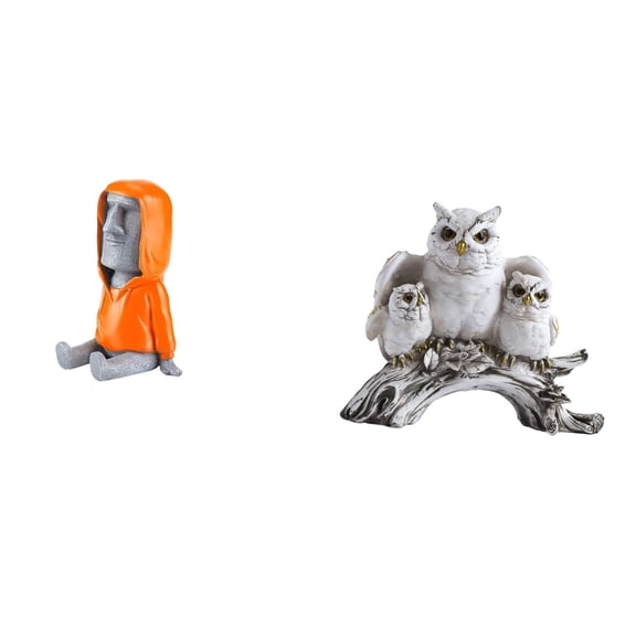 2 Pieces Moai Head Statue Owl Figurine Resin Antique Sculpture Retro Animal Portrait for Bookshelf Desktop Bedroom