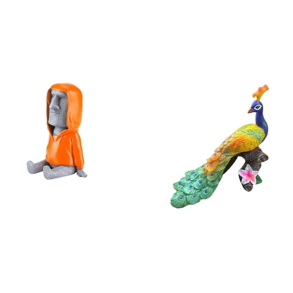 2 Pieces Moai Head Statue Peacock Ornament Easter Island Figure Resin Retro Sculpture for Bookshelf Desktop Garden