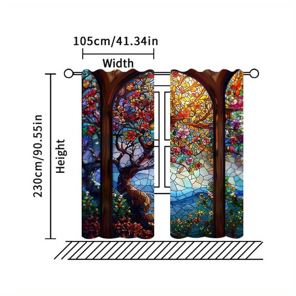 2 Pieces Modern Blackout Curtains-Tree of Life and Chestnut Flower Design, Polyester Knitted Woven Curtains for Bedroom, Living Room, Office-Machine Washable Rod Pocket Curtains-Landscape Theme