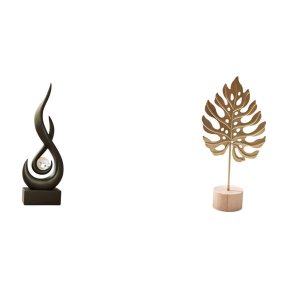 2 Pieces Modern Fire Sculpture Leaf Art Statue Resin Iron Material Creative Tabletop Ornament for Home Office