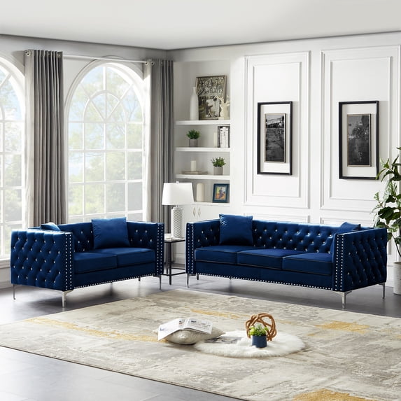 2 Pieces Modern Velvet Sofa Set, Jeweled Button Tufted Modular Sectional Couch with Pillows Removable Cushions Metal Legs for Living Room Office
