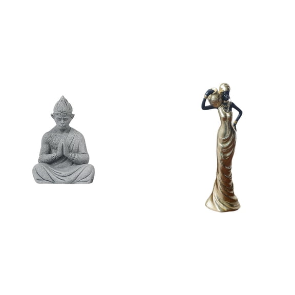 2 Pieces Monkey Buddha Figurine Tribal Lady Sculpture Art Resin Sandstone Material for Home Office Meditation Space Gift