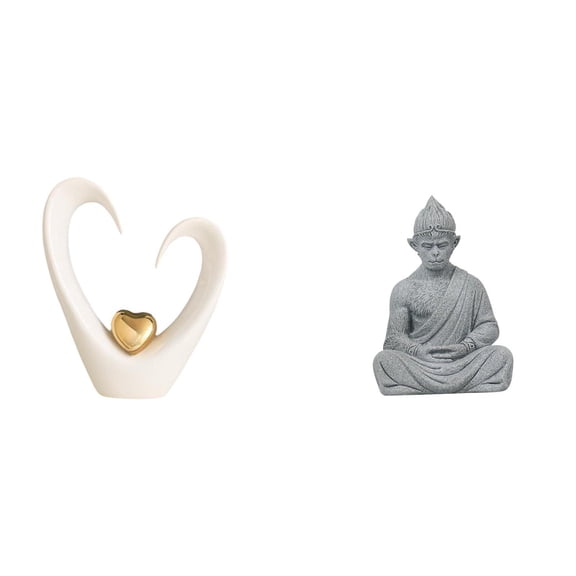 2 Pieces Monkey Buddha Heart Sculpture Modern Ceramic Desktop Figurine for Living Room Office Home Decoration