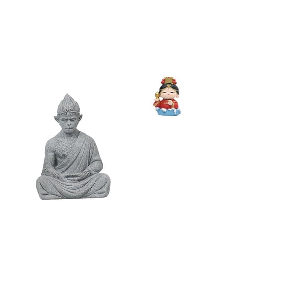 2 Pieces Monkey Buddha Statue Mazu Mother Sculpture Sandstone Material for Home Meditation Space Desk