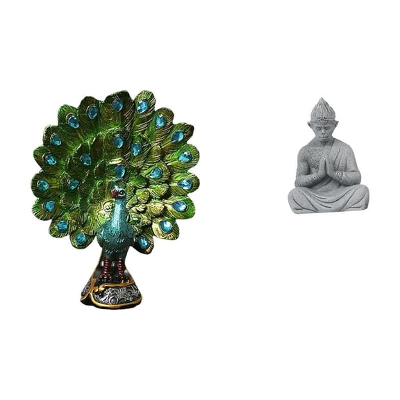 2 Pieces Monkey Buddha Statue Peacock Figurine Resin Texture Suitable for Bedroom Office Garden Hotel Decor