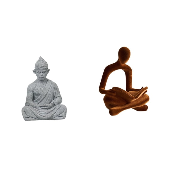 2 Pieces Monkey Statue Abstract Thinker Figurine Sandstone Resin Material for Office Home Garden Decor