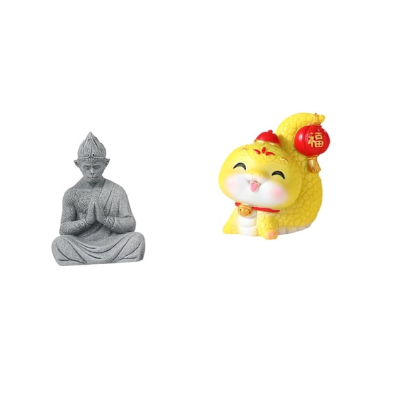 2 Pieces Monkey Statue Buddha Figurine Cartoon Snake Resin Miniature Feng Shui Decor for Home Office Garden Art Lovers
