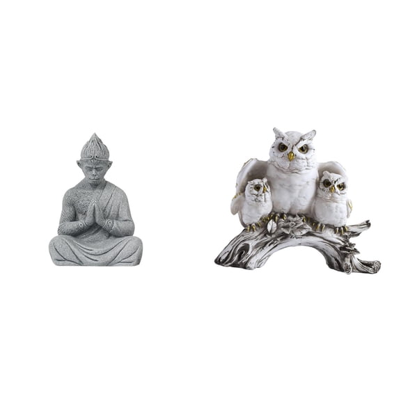 2 Pieces Monkey Statue Buddha Figurine Owl Decor Sandstone Resin Lifelike Home Office Garden Display Gift Idea