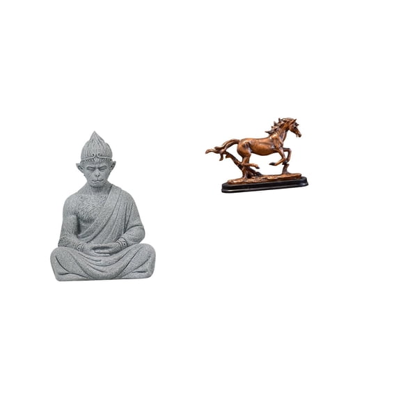2 Pieces Monkey Statue Buddha Horse Sculpture Sandstone Resin Art Collectible for Living Room Garden Desk