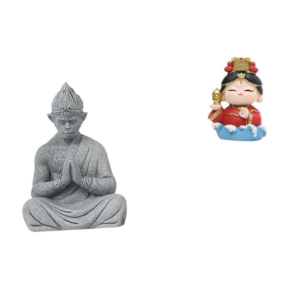 2 Pieces Monkey Statue Buddhist Miniature Figurine Mazu Mother Sculpture Sandstone Resin for Meditation Space Garden