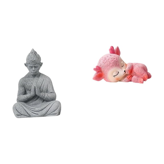 2 Pieces Monkey Statue Deer Sculpture Buddha Miniature Resin Material for Home Office Tabletop Decor