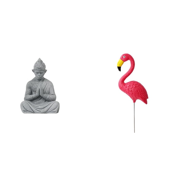2 Pieces Monkey Statue Flamingo Garden Stake Buddha Sculpture Sandstone Material for Home Office Garden Holiday Decor