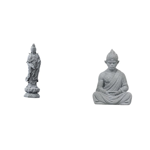 2 Pieces Monkey Statue Guan Yin Buddha Sculpture Sandstone Miniature for Meditation Studio Living Room