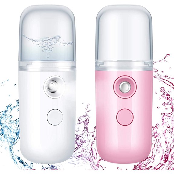 2 Pieces Nano Facial Mister 30 ml Mini Face Humidifier Portable Facial Sprayer USB Rechargeable Handy Skin Care Machine for Face Hydrating, Daily Makeup (Pink and White), 3.9x1.4 inch