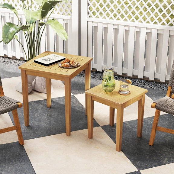 2 Pieces  Nesting Table Set, Teak Wood Outdoor Space Saving Design Square End Table for Poolside Lawn Garden Balcony Natural