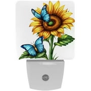 2 Pieces Night Light, Sunflower Blue Butterflies Night Lights Plug into Wall for Boys Girls Bedroom Decorative Half Round Nightlight Led Lamp 0.5W Sleep Friendly