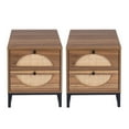 thumbnail image 1 of 2 Pieces Nightstand with 2 Drawers Naturel Rattan Bedside Table End Side Table for Bedroom Living Room, Walnut, 1 of 6