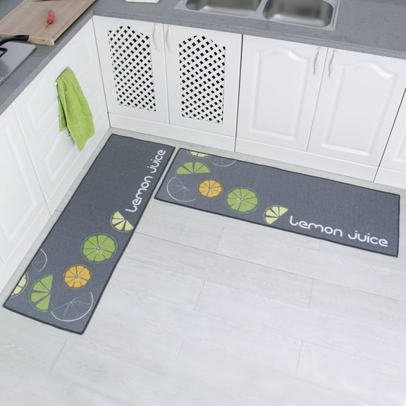 2 Pieces Non-Slip Kitchen Mat Set Rubber Backing Doormat Laundry Runner Rug Set, Lemon Design (Grey 15"x47"+15"x47")